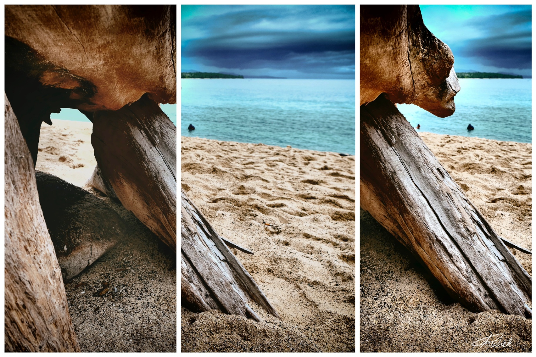 Triptych framing driftwood and pale sand with a storm-dark sea beyond